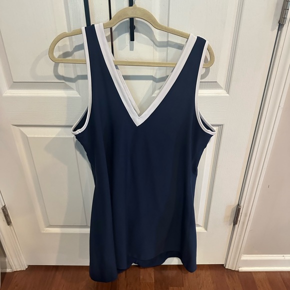 SculptLux V-neck mini dress. Navy and White. - Picture 3 of 12